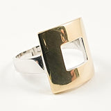 Beautiful Shiny Metallic Rectangle Layered Center Two Tone Silver Ring