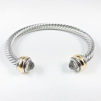 Cable wire cz duo ends brass cuff bangle
