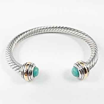 Cable wire turquoise cz duo ends brass cuff bangle