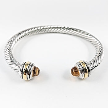 Cable wire amber cz duo ends brass cuff bangle