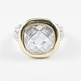 Square center clear stone two tone brass ring