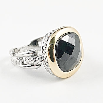 Square center black stone two tone brass ring