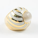 Unique Center Mother Of Pearl White Enamel Gold Tone Steel Ring