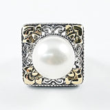 Elegant Center Pearl Square Filigree Frame & Band Silver Ring