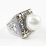 Elegant Center Pearl Square Filigree Frame & Band Silver Ring