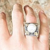 Elegant Center Pearl Square Filigree Frame & Band Silver Ring