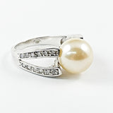 Beautiful Center Pearl Minimal Open CZ Band Silver Ring