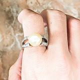 Beautiful Center Pearl Minimal Open CZ Band Silver Ring