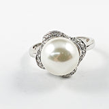 Beautiful Center Pearl Floral CZ Frame Silver Ring