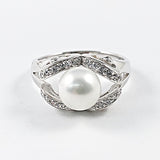 Beautiful Minimal Center Pearl Open  CZ Oval Frame Silver Ring