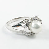 Beautiful Minimal Center Pearl Open  CZ Oval Frame Silver Ring