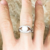 Beautiful Minimal Center Pearl Open  CZ Oval Frame Silver Ring