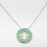 Beautiful Fleur-De-Lis Mark Micro Turquoise Gold Tone Silver Necklace