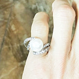 Elegant Center Pearl Twister Open Wrap CZ Band Silver Ring