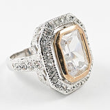 Elegant Large Irregular Rectangle Halo CZ Two Tone Silver Ring