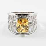 Elegant Center Rectangle Citrine CZ Multi Row Baguette Silver Ring