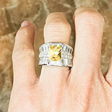 Elegant Center Rectangle Citrine CZ Multi Row Baguette Silver Ring