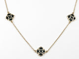 Modern Multiple Black Enamel Floral Post Design Gold Tone Brass Necklace