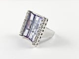 Classic Elegant Curve Square 3 Row Detailed Cut Violet CZs Silver Ring