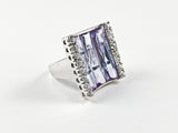 Classic Elegant Curve Square 3 Row Detailed Cut Violet CZs Silver Ring