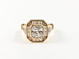 Classic Elegant Double Square Shape Baguette Setting Gold Tone Silver Ring