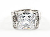 Classic Unique Center Rectangle Shape CZ With Oval Shape Open Side Design Silver Ring