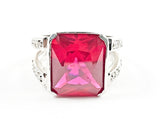 Elegant Classic Rectangle Cut Detailed Center Red CZ With Open Frame Band Style Silver Ring