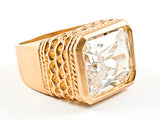 Beautiful Rectangle Shape Single Detailed Cut CZ Matte Brush Finish Gold Tone Silver Ring