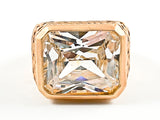 Beautiful Rectangle Shape Single Detailed Cut CZ Matte Brush Finish Gold Tone Silver Ring